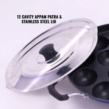 12 Cavity Nonstick Appam Patra with Lid + Stainless Steel Medu Vada Maker + Free Mini Coconut Scraper (1AP1MW4) - Image 2