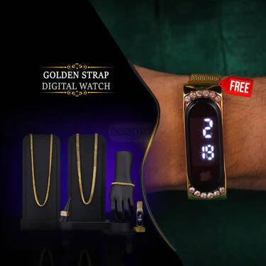 2 Golden Chain + Bracelet + Diamond Ring + Free Digital Watch (2GCBRW12) - Image 2