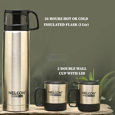 24 Hours Hot or Cold Insulated Flask (1.0 Ltr) + 2 Double Wall Cup With Lid (1F2C2) - Image 2
