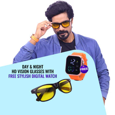 Day & Night HD Vision Glasses With Stylish Digital Watch (NVGW3) - Image 2