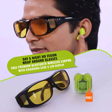 Day & Night HD Vision Wrap Around glasses + FREE Premium Bluetooth Wireless Earpod With Charging Case & LED Display (NVWP1)