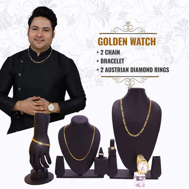Golden Watch + 2 Chain + 2 Austrian Diamond Ring + Bracelet (MGW2C2RB) - Image 2