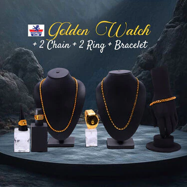 Golden Watch + 2 Chain + 2 Ring + Bracelet (MGW2C2RB1) - Image 2