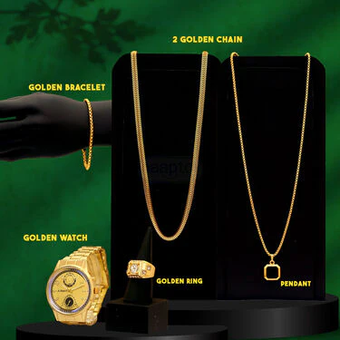 Golden Watch + 2 Chain + Bracelet + Ring  (MGW2CBR9) - Image 2