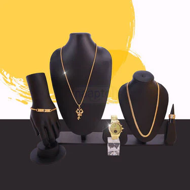 Golden Watch + 2 Chain +  Trishul om & Damru Pendant + Bracelet + Ring ( MGW2CBRP3) - Image 2