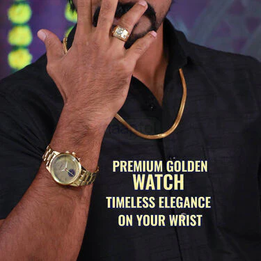 Golden Watch + 2 Chain +  Trishul om & Damru Pendant + Bracelet + Ring ( MGW2CBRP3) - Image 3