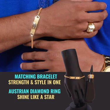 Golden Watch + 2 Chain +  Trishul om & Damru Pendant + Bracelet + Ring ( MGW2CBRP3) - Image 5