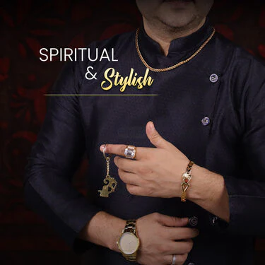 Men's  Golden Watch +  Chain +  Damru Trishul & Rudraksh Bracelet + Ring  + Om Keychain (MGWCBRK1) - Image 11