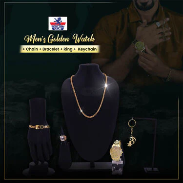 Men's  Golden Watch +  Chain +  Damru Trishul & Rudraksh Bracelet + Ring  + Om Keychain (MGWCBRK1) - Image 2