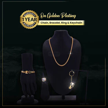 Men's  Golden Watch +  Chain +  Damru Trishul & Rudraksh Bracelet + Ring  + Om Keychain (MGWCBRK1) - Image 3