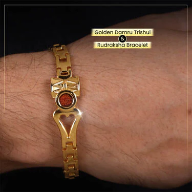 Men's  Golden Watch +  Chain +  Damru Trishul & Rudraksh Bracelet + Ring  + Om Keychain (MGWCBRK1) - Image 6