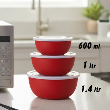 Pack of 3 Microwaveable Stainless Steel Bowl Set With Airtight Lids + Free 3 Serving Spoons (3MB3) - Image 2