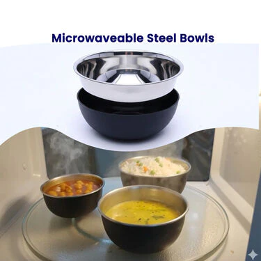 Pack of 3 Microwaveable Stainless Steel Bowl Set With Airtight Lids + Free 3 Serving Spoons (3MB3) - Image 4
