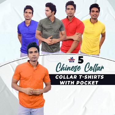 Pack Of 5 Chinese Collar T-Shirt With Pocket (5PT22) - Image 2