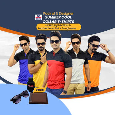 Pack Of 5 Summer Cool Collar T-Shirts With Pocket + FREE Stylish Watch + Leatherite Wallet + Sunglasses (5PTW6) - Image 2