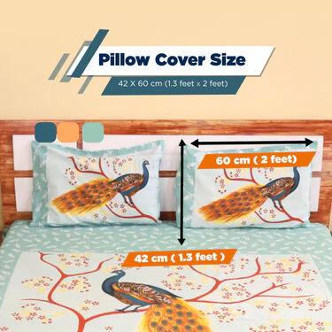 Peacock Printed Cotton Rich Double Bedsheet With 2 Pillow Covers (DBS12) - Image 3