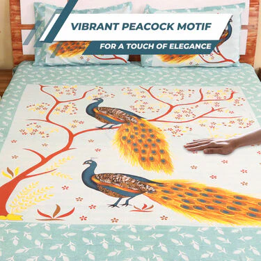 Peacock Printed Cotton Rich Double Bedsheet With 2 Pillow Covers (DBS12) - Image 4