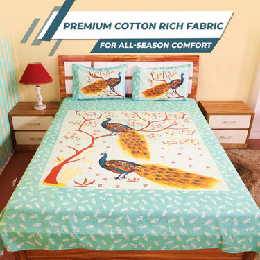 Peacock Printed Cotton Rich Double Bedsheet With 2 Pillow Covers (DBS12) - Image 5