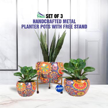 Set of 3 Designer Metal Planter Pots With Stand (3MP1) - Image 2