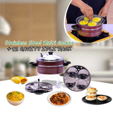 Stainless Steel Multi Cooker + 12 Cavity Idli Rack (1MC3) - Image 2